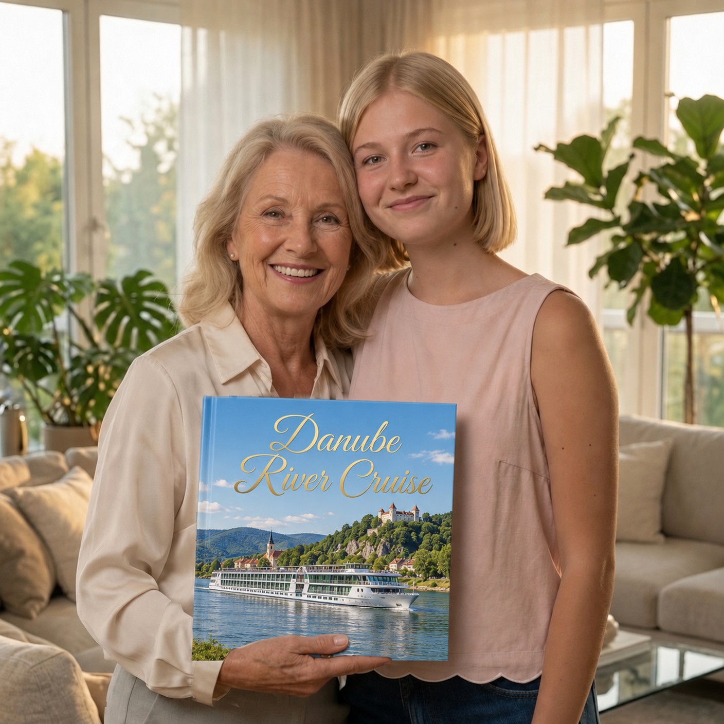 Juliann and her grandma Joyce at home, smiling, with Joyce holding her finished Danube River Cruise photo book.