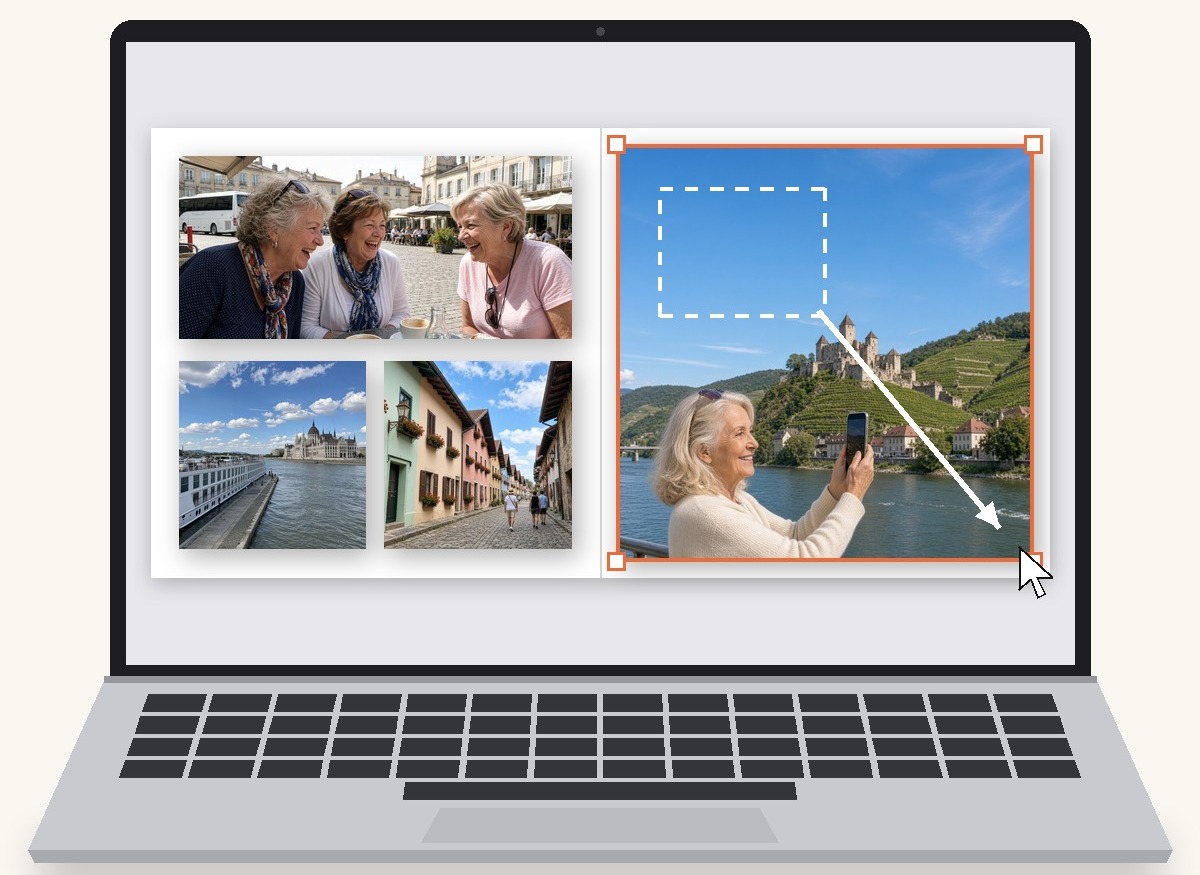 A photo book page on a computer screen, with one picture being stretched to fill the page.