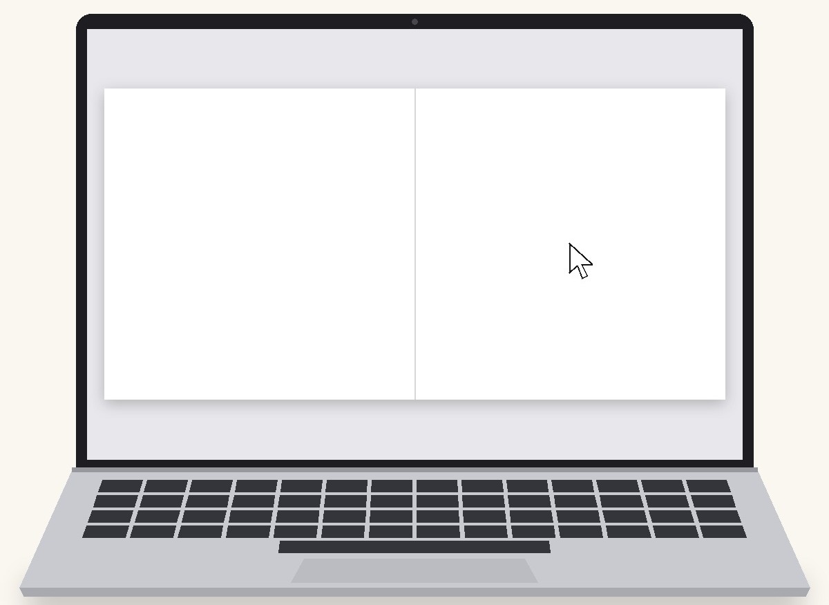 A photo book open to two blank pages on a laptop screen.