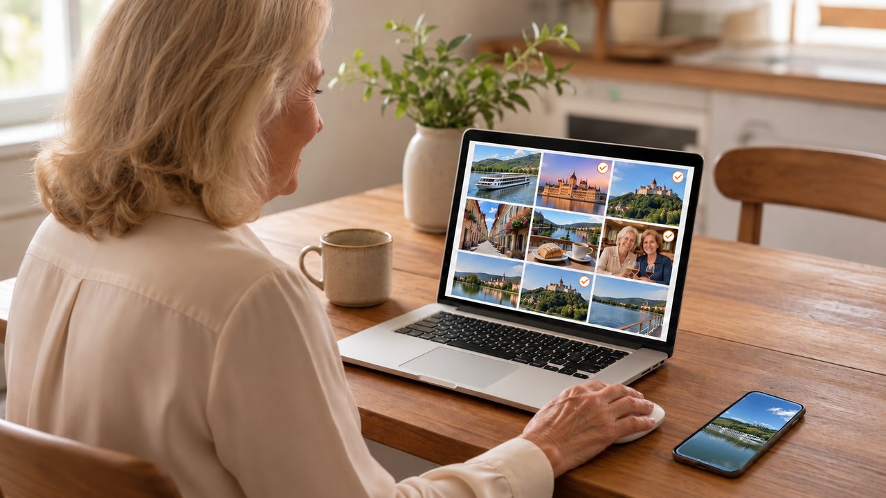 Grandma at her laptop with her hand on a mouse, and a cruise ship picture on the phone beside her.