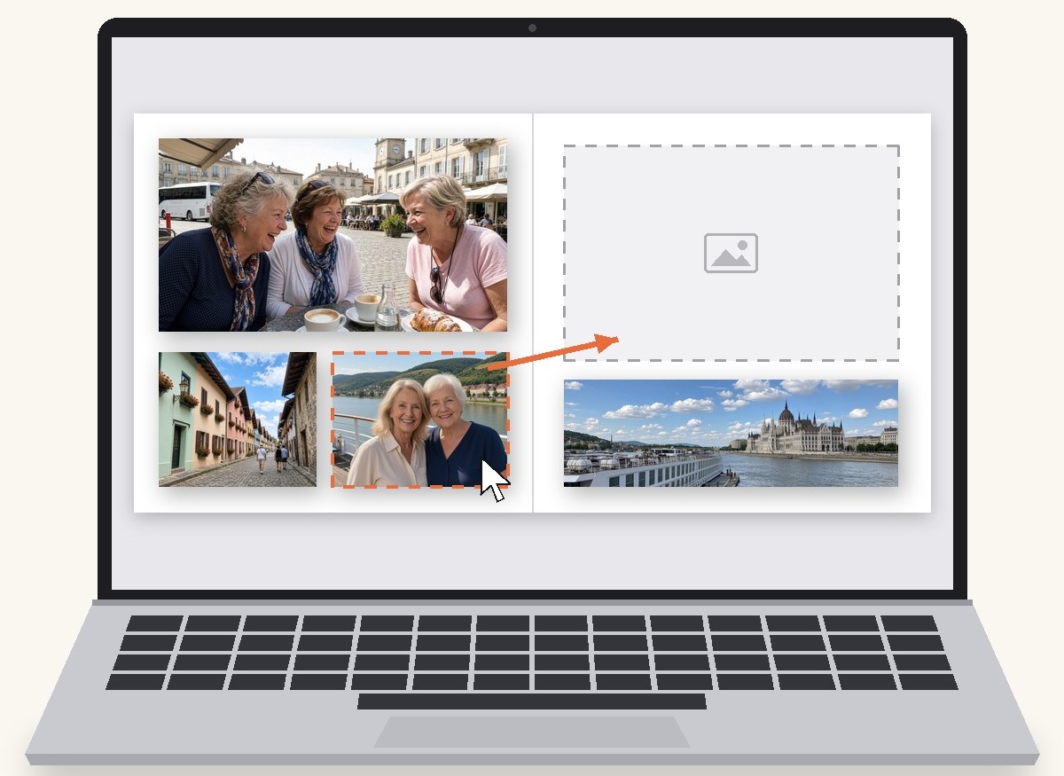 A photo book page on a computer screen, with a picture being slid to a new spot.