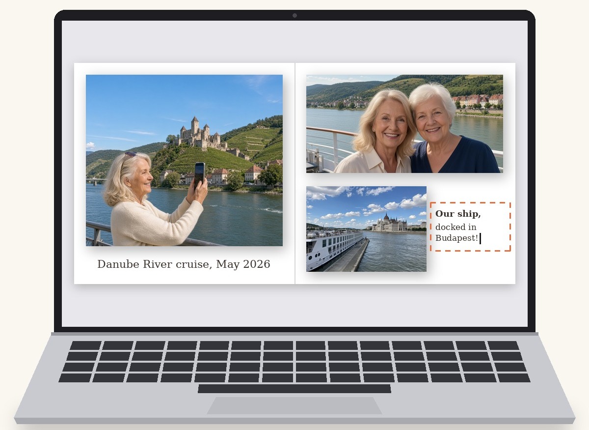 A photo book page on a computer screen with a short caption being typed under the pictures.