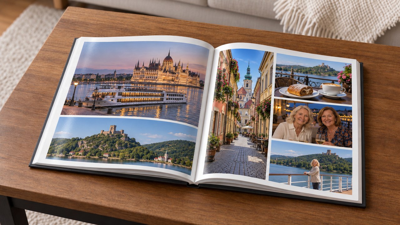 A finished printed photo book lying open on a coffee table, full of pictures from her Danube River cruise.