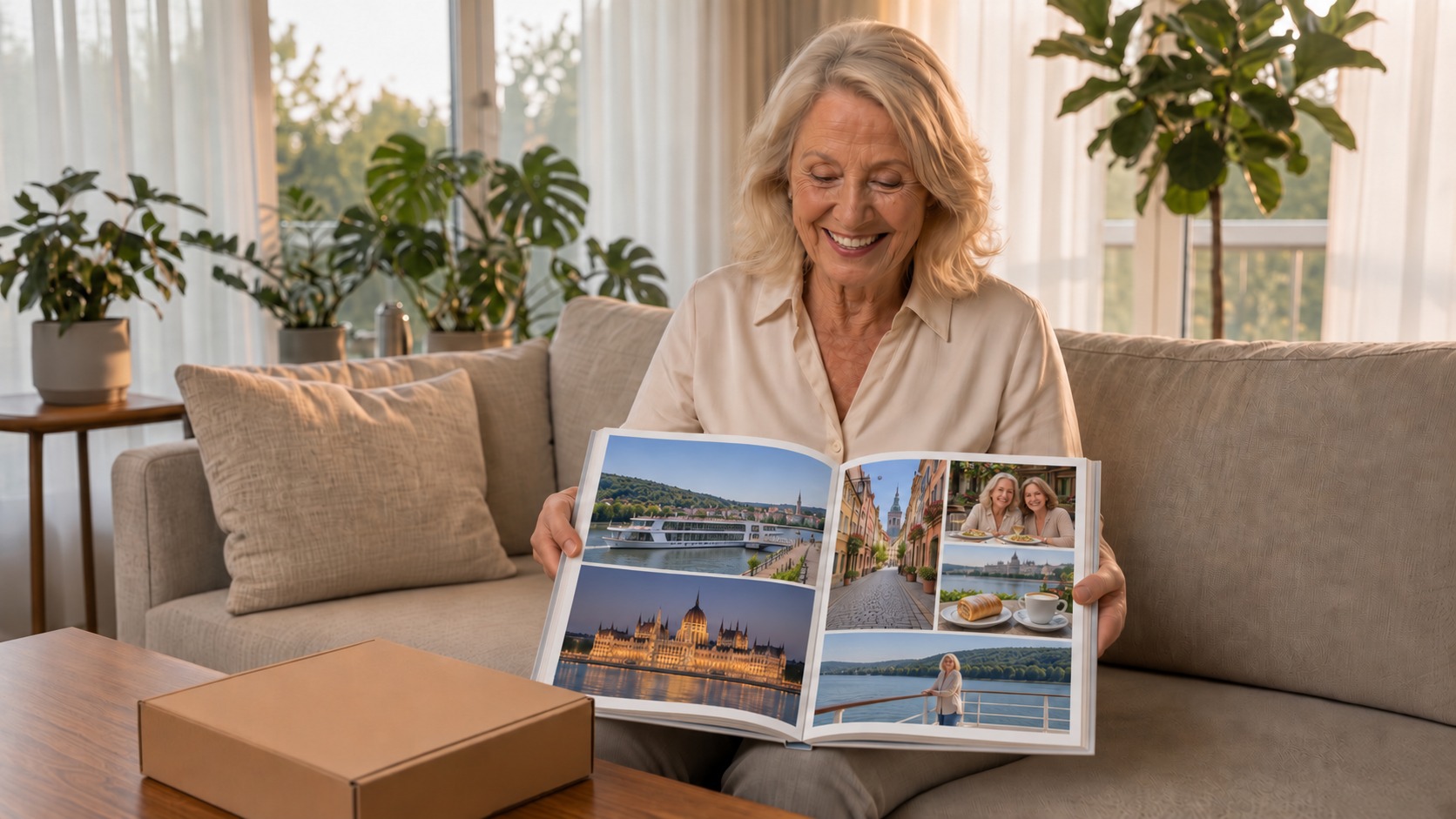 Joyce on her couch, smiling at her new printed photo book, with the shipping box beside her on the coffee table.