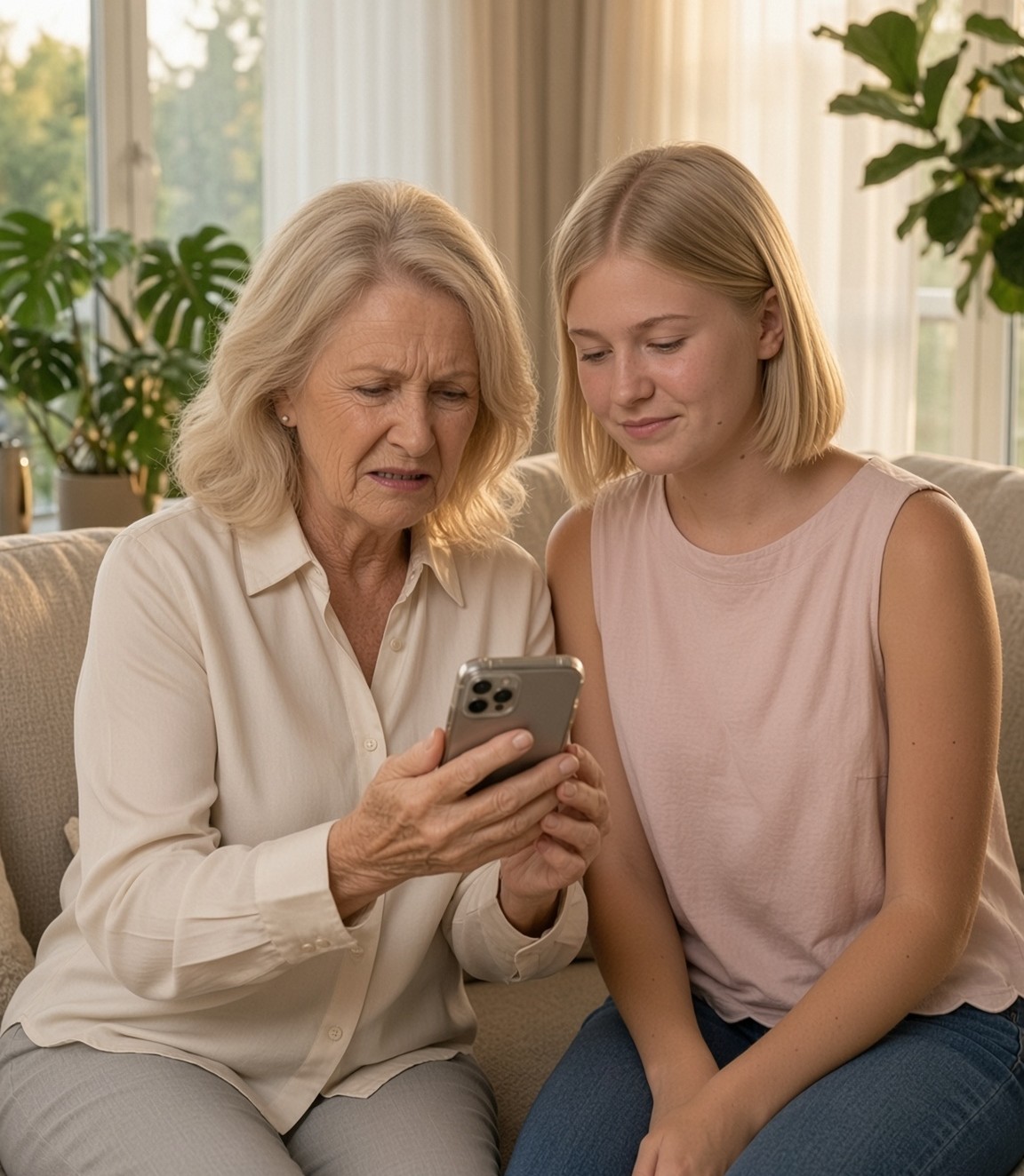 Juliann and her grandma Joyce on the couch while Joyce squints at her phone, scrolling through her trip pictures.